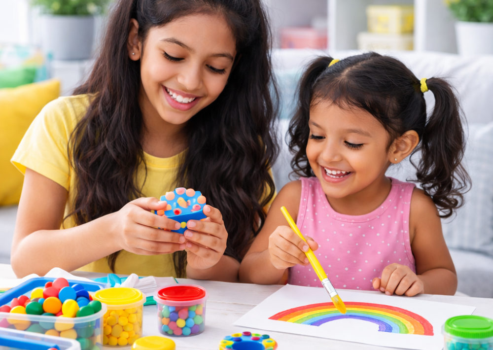 Sisters creating together at the table